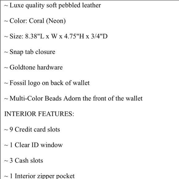 Beautiful Beaded Neon Coral Fossil Travel Wallet🌸 - Picture 6 of 6